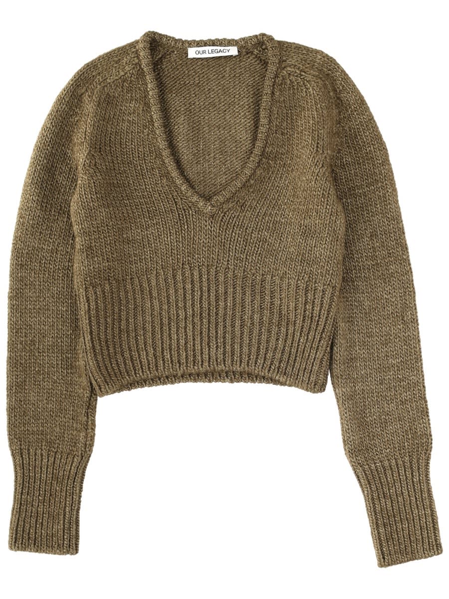 Our Legacy Cropped Brown Knitted Sweater In Green