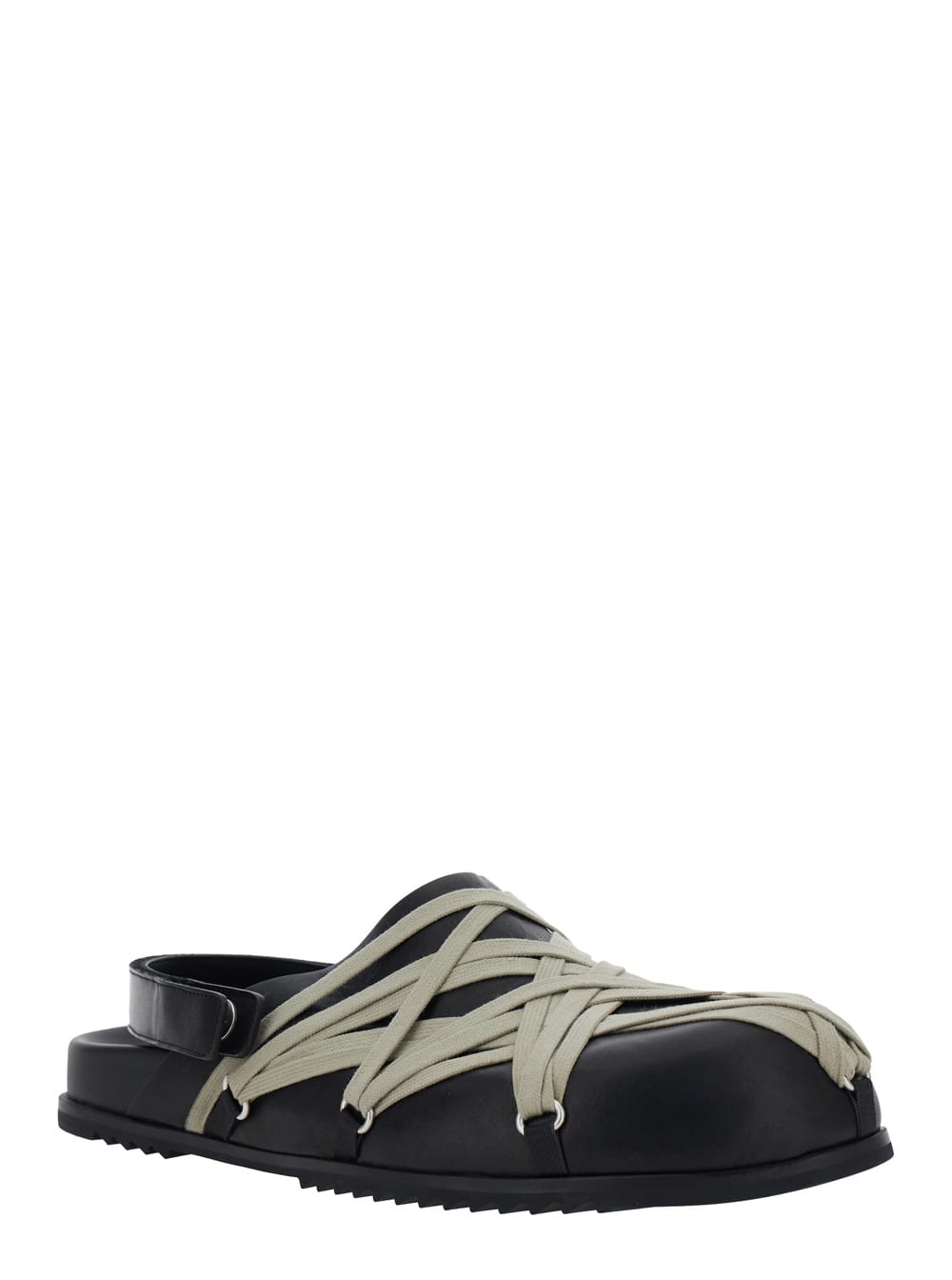 Rick Owens Black Mules With Oversize Decorative Laces And Buckle Closure In Leather Man In Animal Print