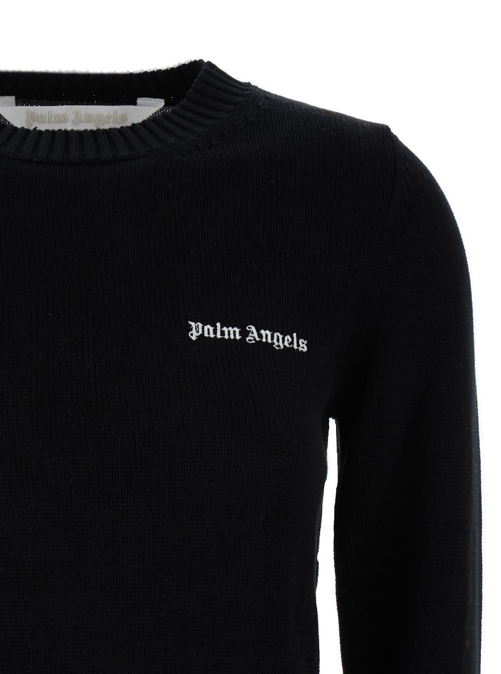 Shop Palm Angels Black Crewneck Sweater With Emboridered Logo In Cotton Woman