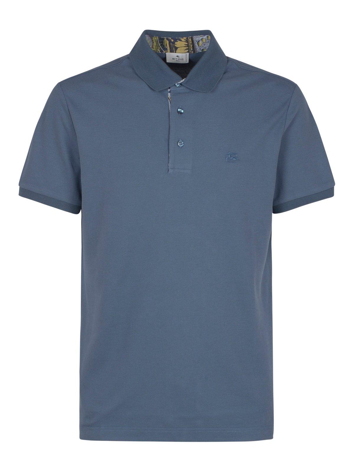 Shop Etro Logo Embroidered Short Sleeved Polo Shirt In Blue