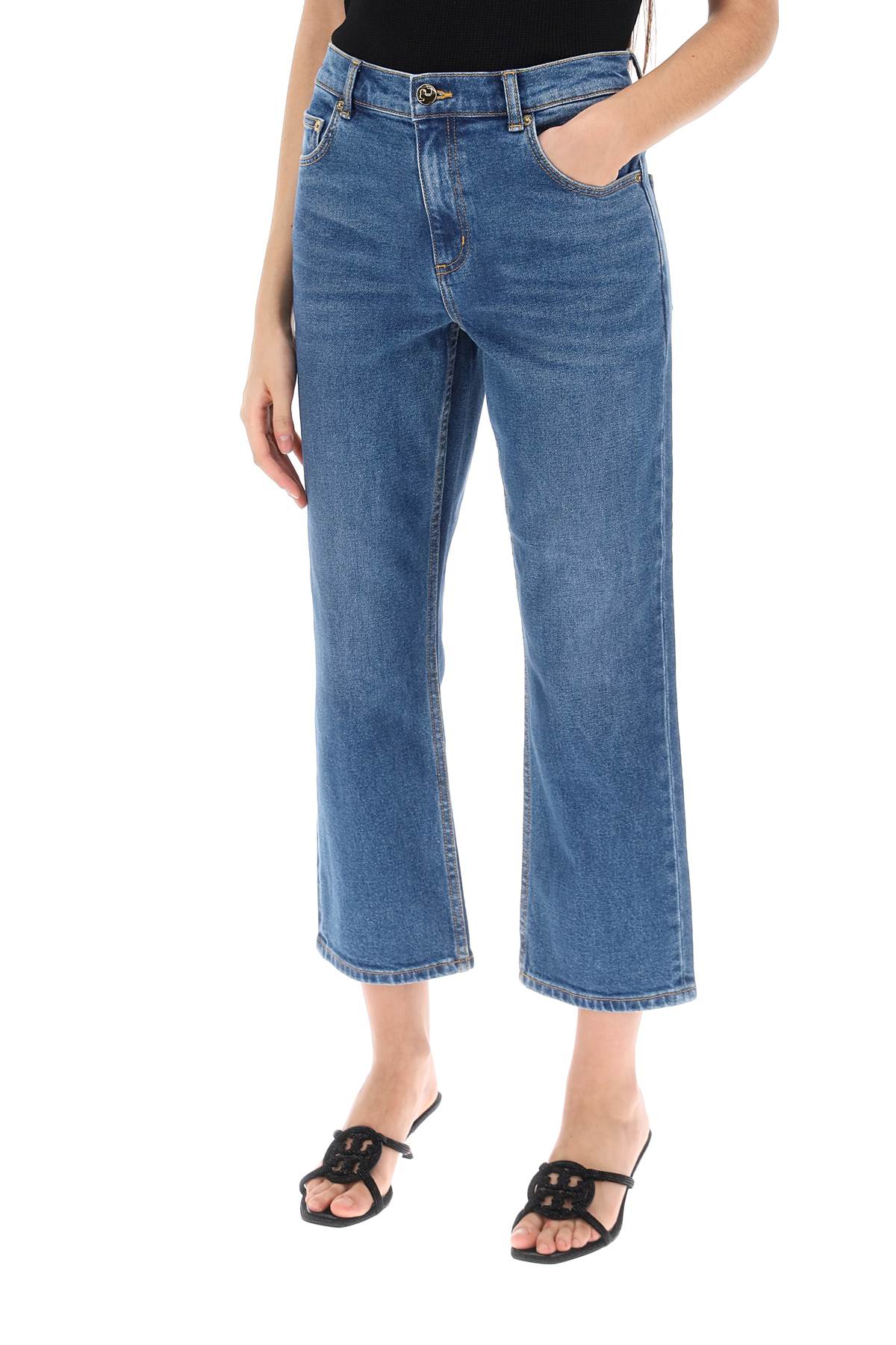 Shop Tory Burch Cropped Flared Jeans In Dark Vintage Wash (blue)