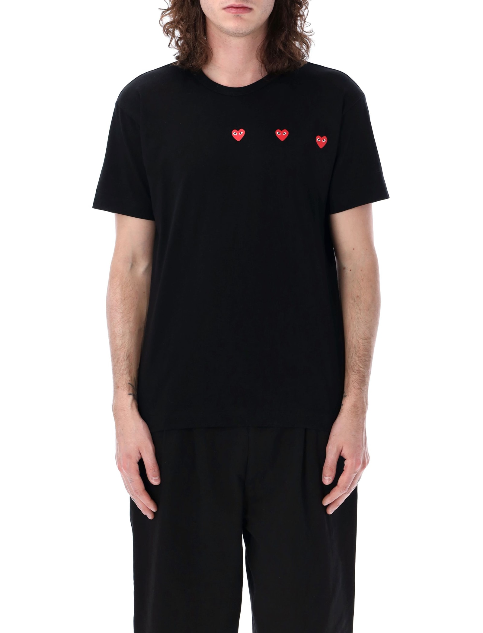 Comme Des Garçons Play Three Hearts T-shirt In Black