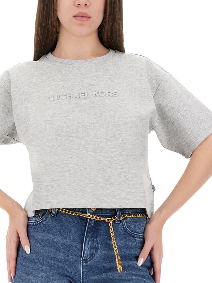 Michael Kors Cropped T-shirt With Embossed Logo In Gray