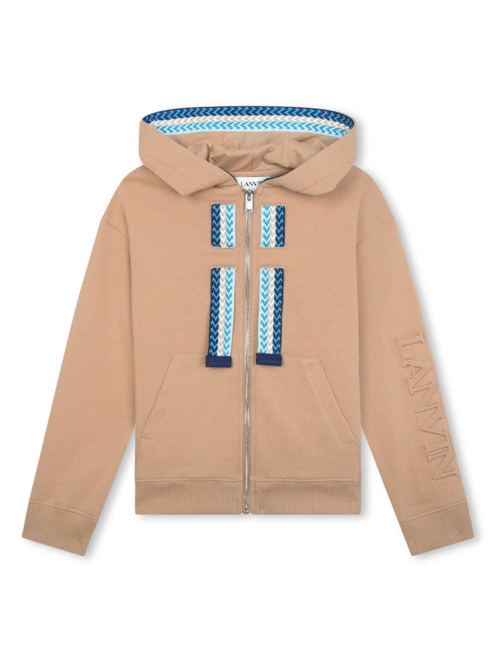 Shop Lanvin Beige Hoodie With Logo And Curb Motif In Brown