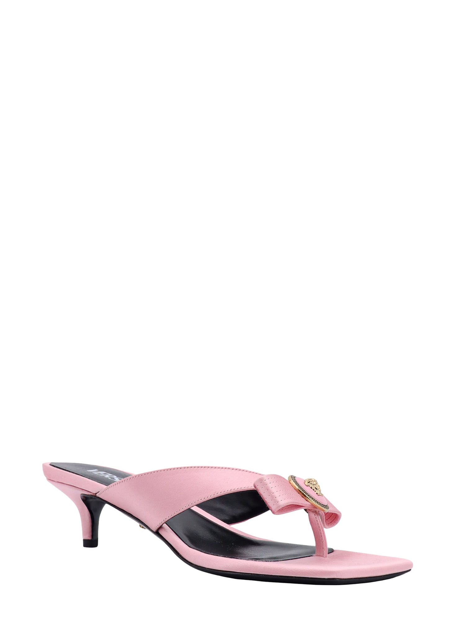 Versace Woman Pink Satin Gianni Ribbon Thong Mules In Pink