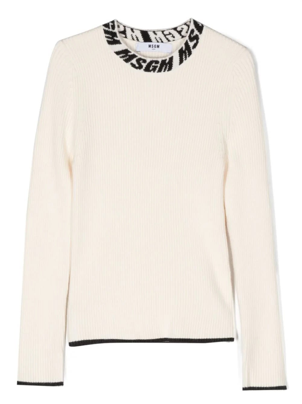 MSGM CREAM RIBBED SWEATER WITH LOGO ON NECK