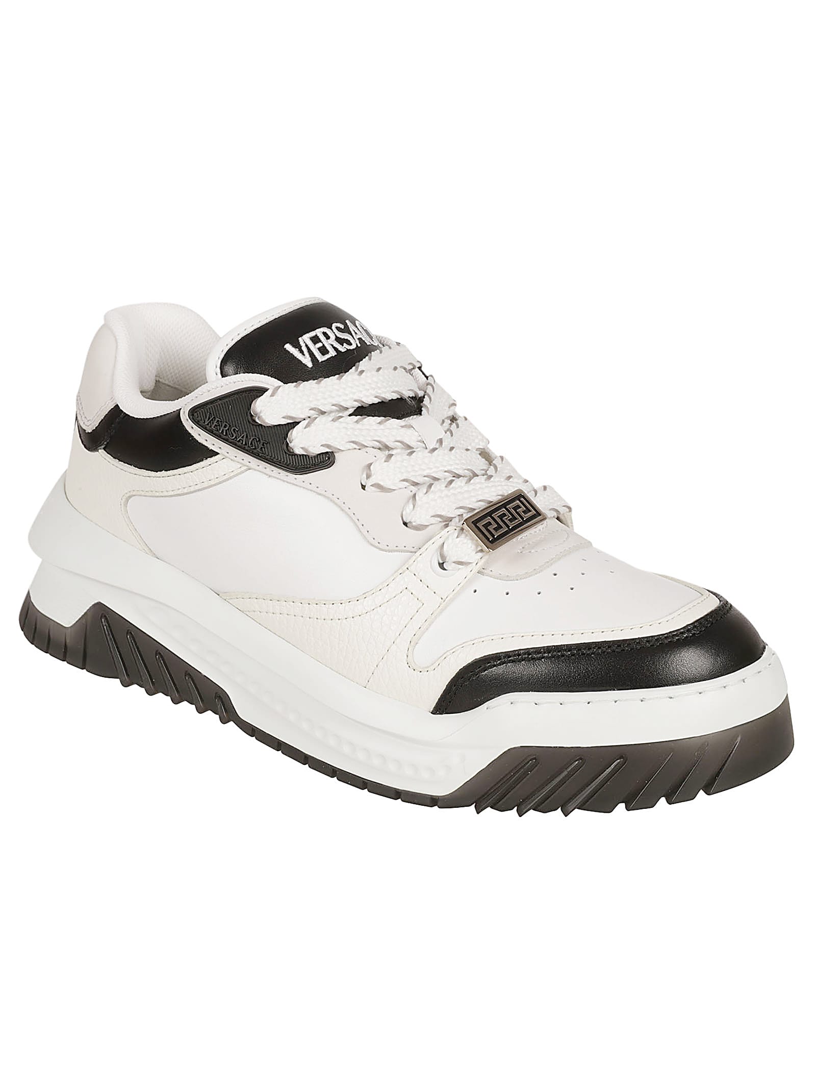 Shop Versace Logo Lace-up Sneakers In Black/white