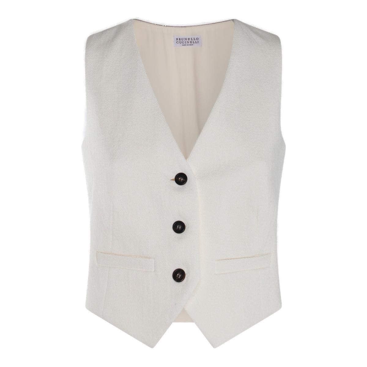 Shop Brunello Cucinelli Herringbone-pattern V-neck Button-down Gilet In White