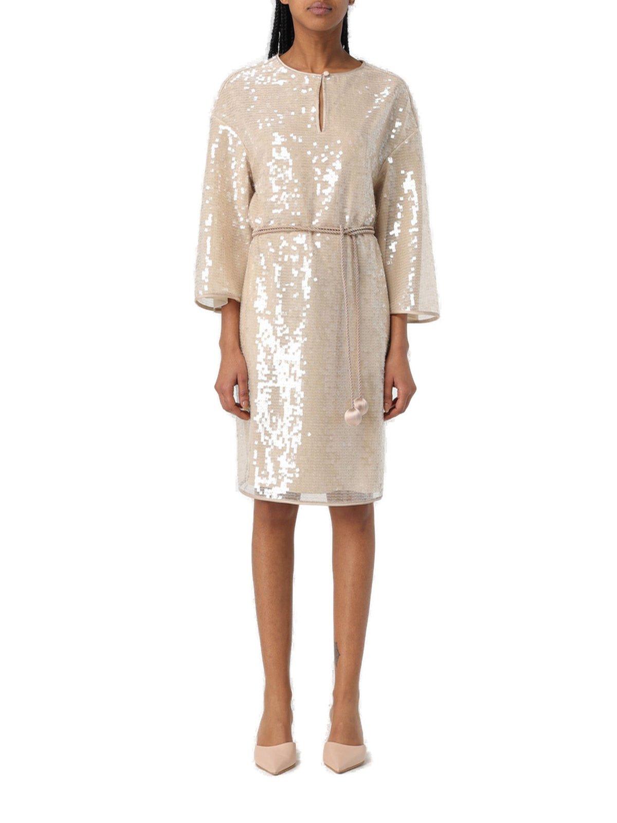 Shop Emporio Armani Sequin-embellished Keyhole Neck Midi Dress In Champagne