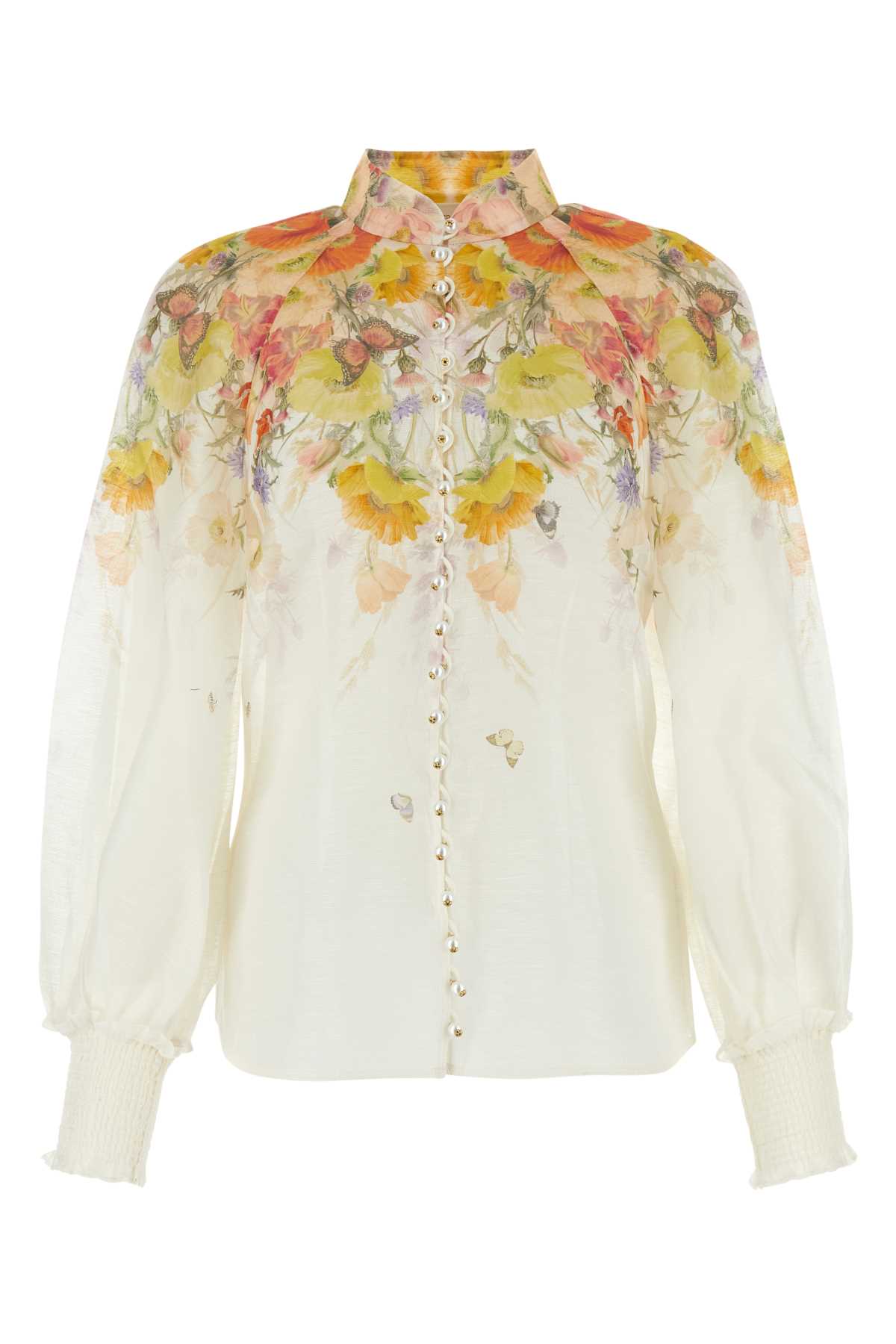 Shop Zimmermann Ivory Linen Blend Tranquillity Shirt In Redbutterflies