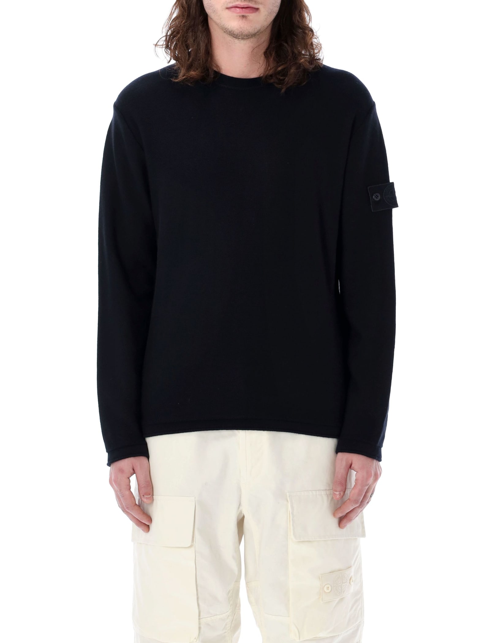 Stone Island Ribbed Texture Black Crew Neck Sweater In Navy Blue