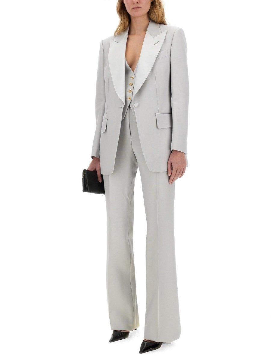 Tom Ford Lustrous Barathea Tailored Tuxedo Wide Leg Pants In Grey