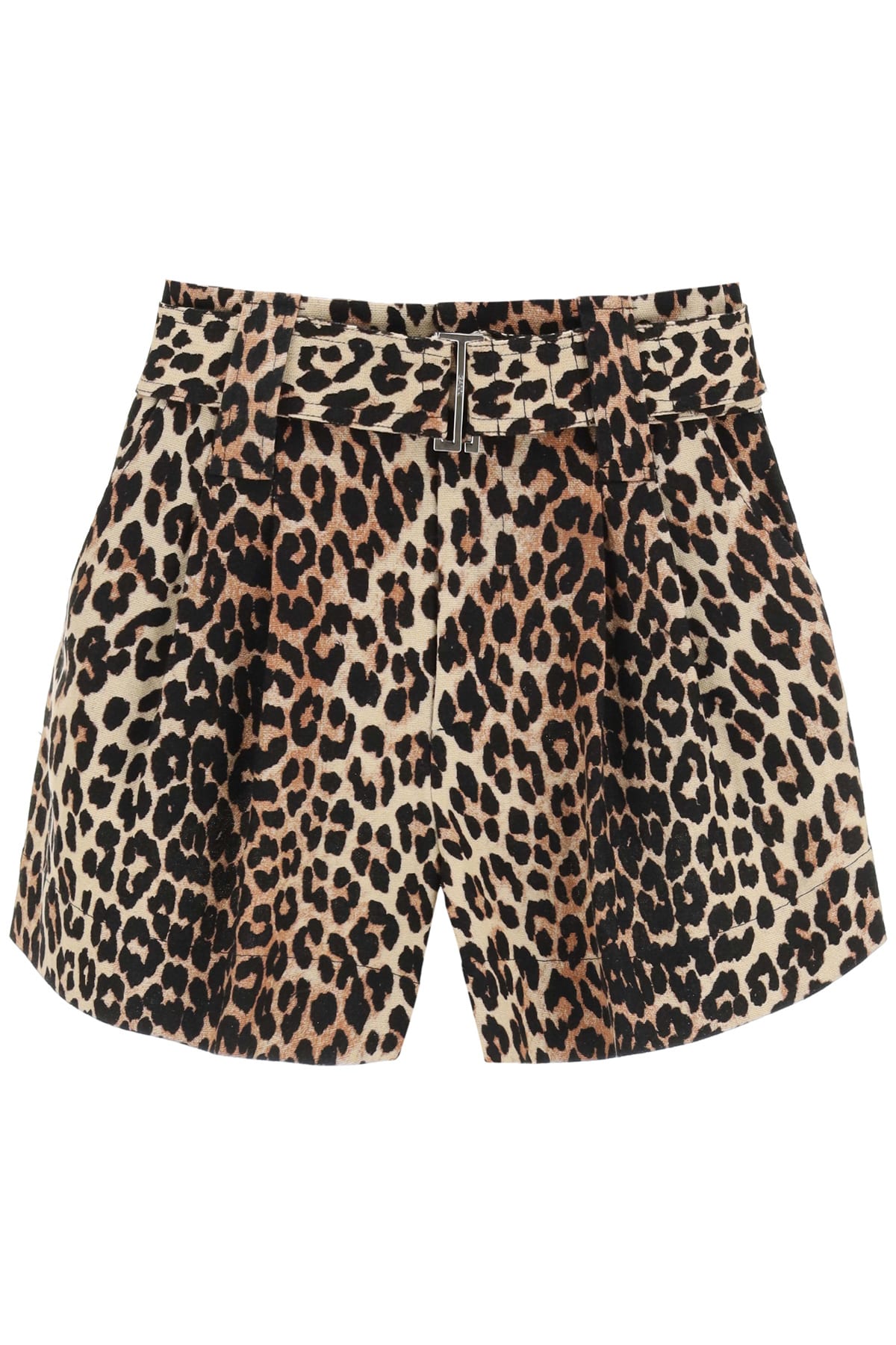 Ganni Leopard Print Linen Blend Shorts