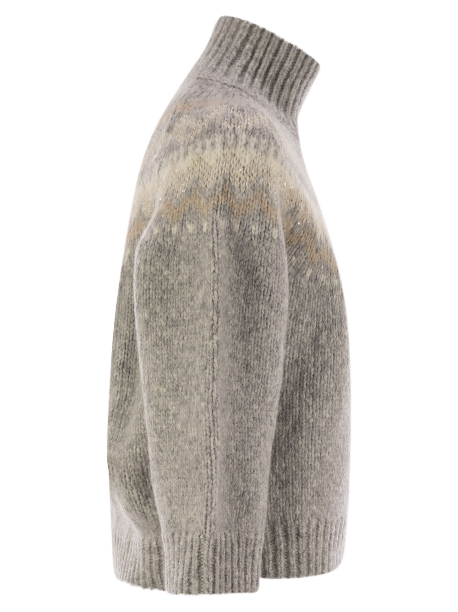 Shop Peserico Jacquard High Neck Sweater In Alpaca, Wool And Micropaillettes In Grey