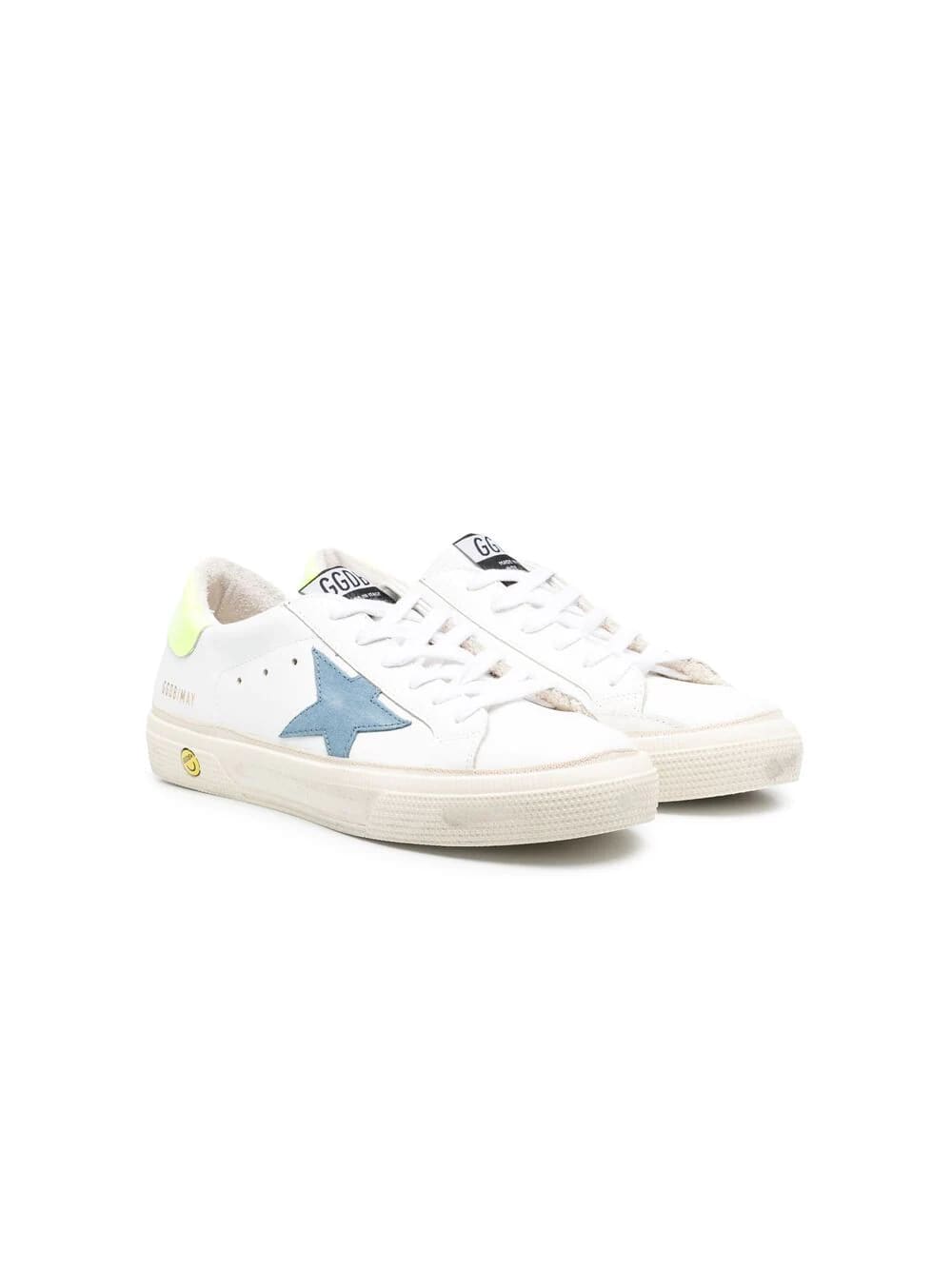 Golden Goose Kid White Super-star Sneakers With Light Blue Star And Fluo Yellow Spoiler