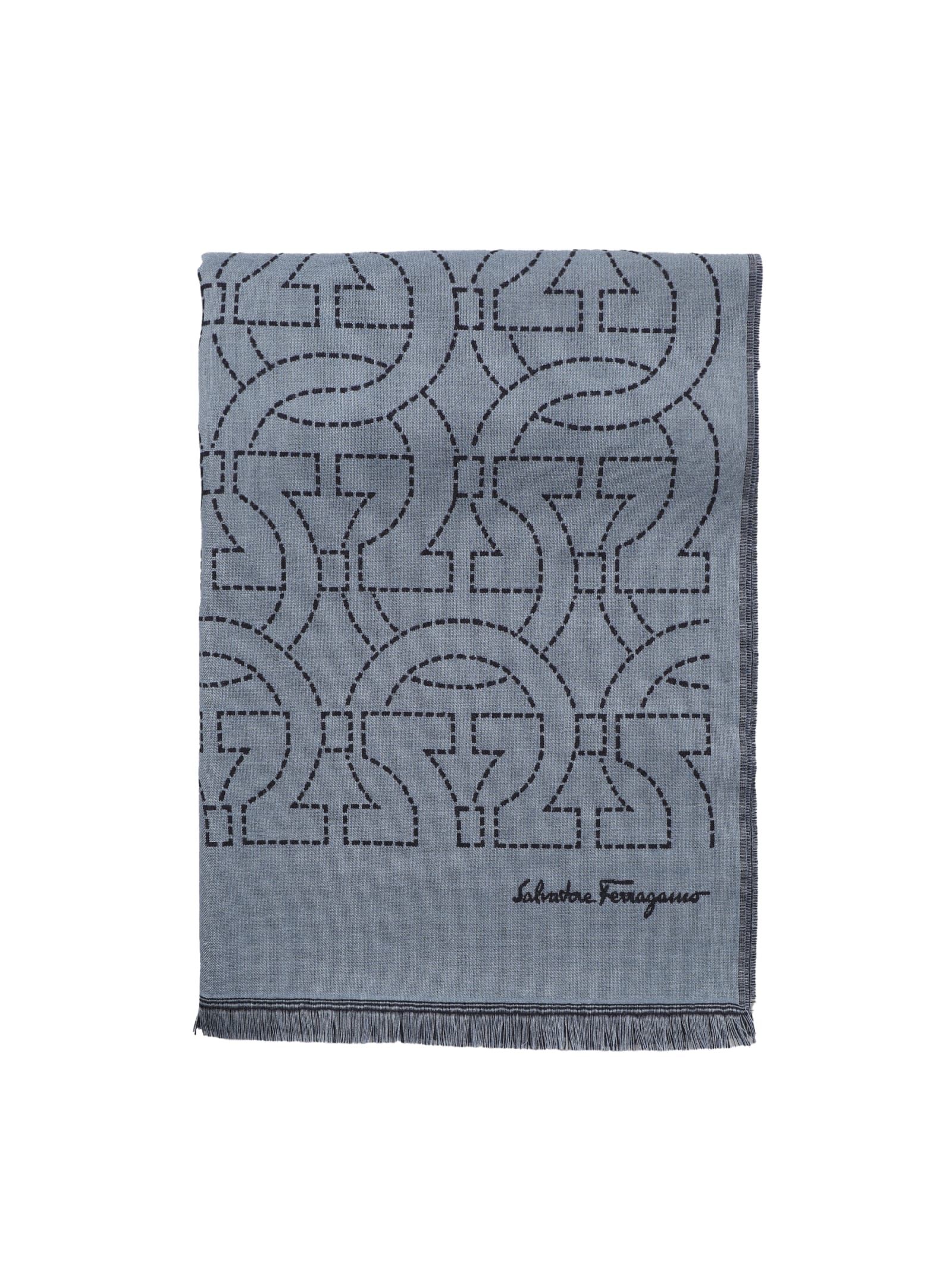 Ferragamo Wool Scarf With Gancini Logo In Grey