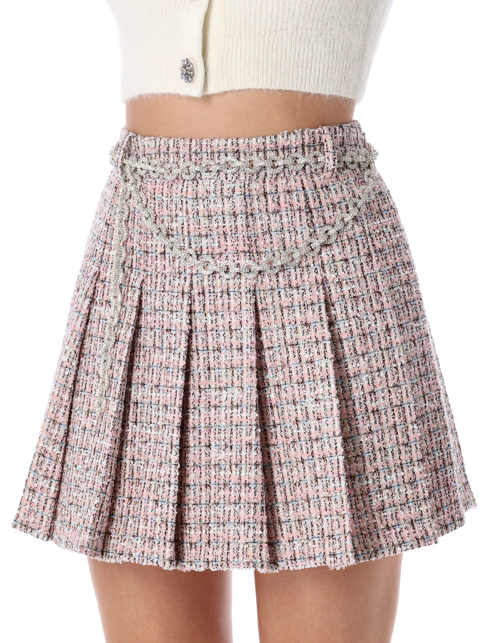 Self-portrait Boucle Pleated Mini Skirt Chain In Pink