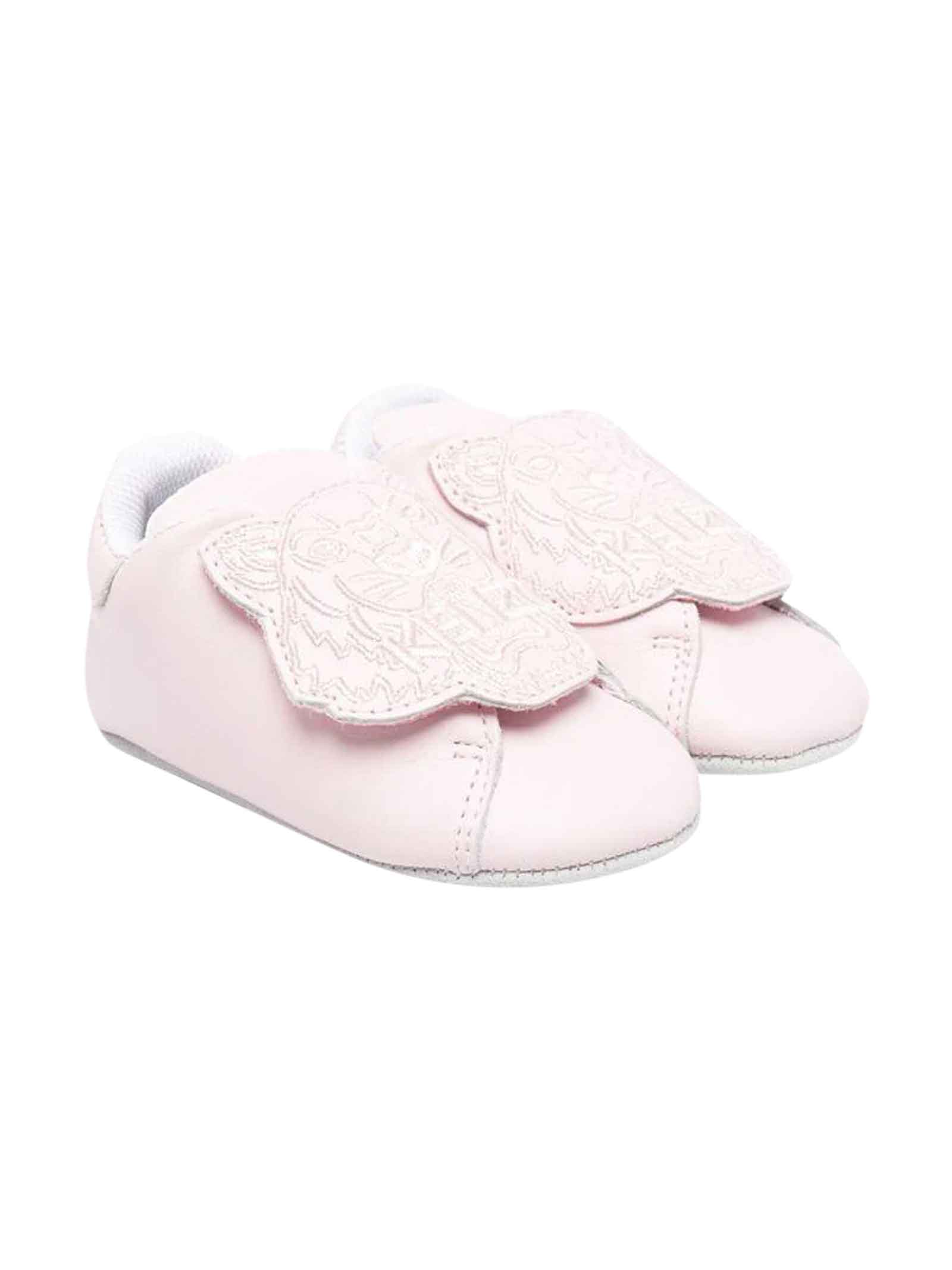 Kenzo Kids Pink Baby Girl Shoes With Tiger Head Application, Front Closure With Strap By.