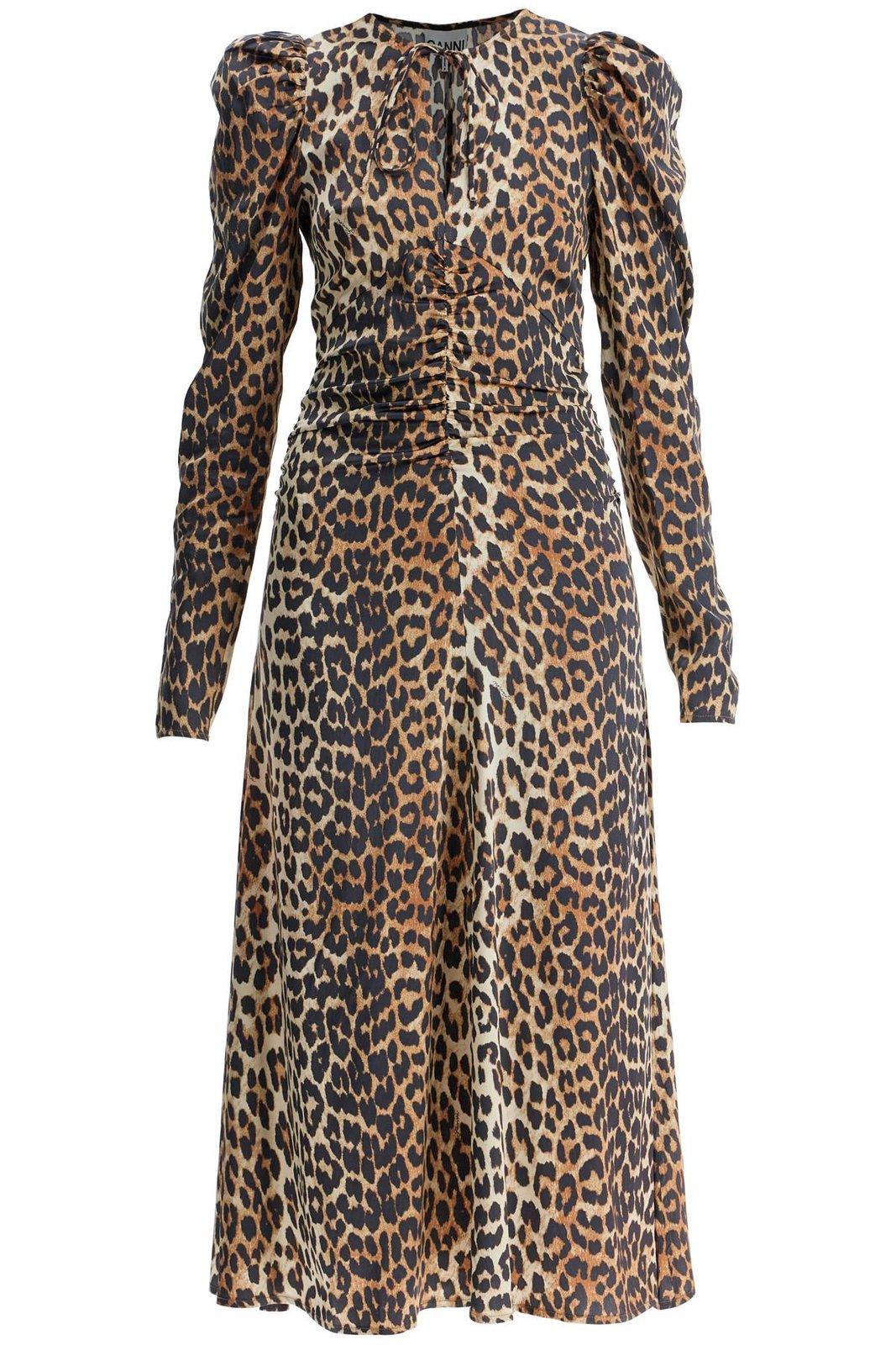 Leopard Print Satin Ruched Midi Dress