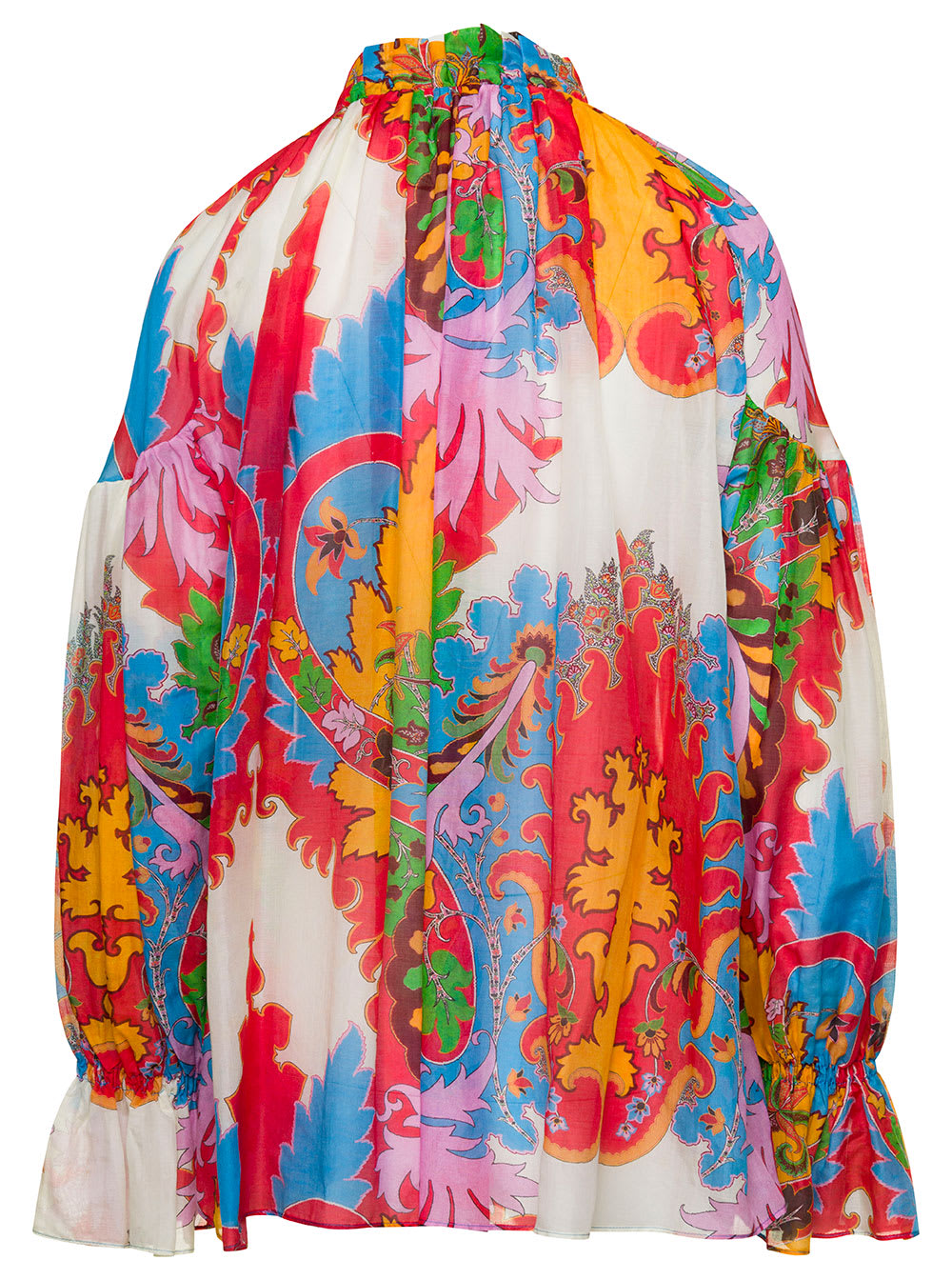 Shop Etro Multicolor Blouse With Puff Sleeves And All-over Graphic Print In Silk And Cotton Blend Woman