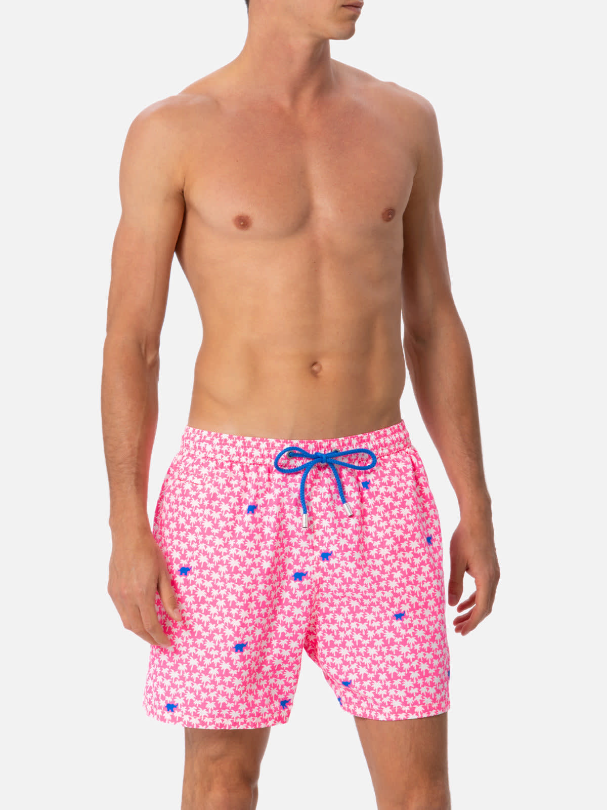 Mc2 Saint Barth Man Lightweight Fabric Swim-shorts Lighting Micro Fantasy With Palms Print In Pink