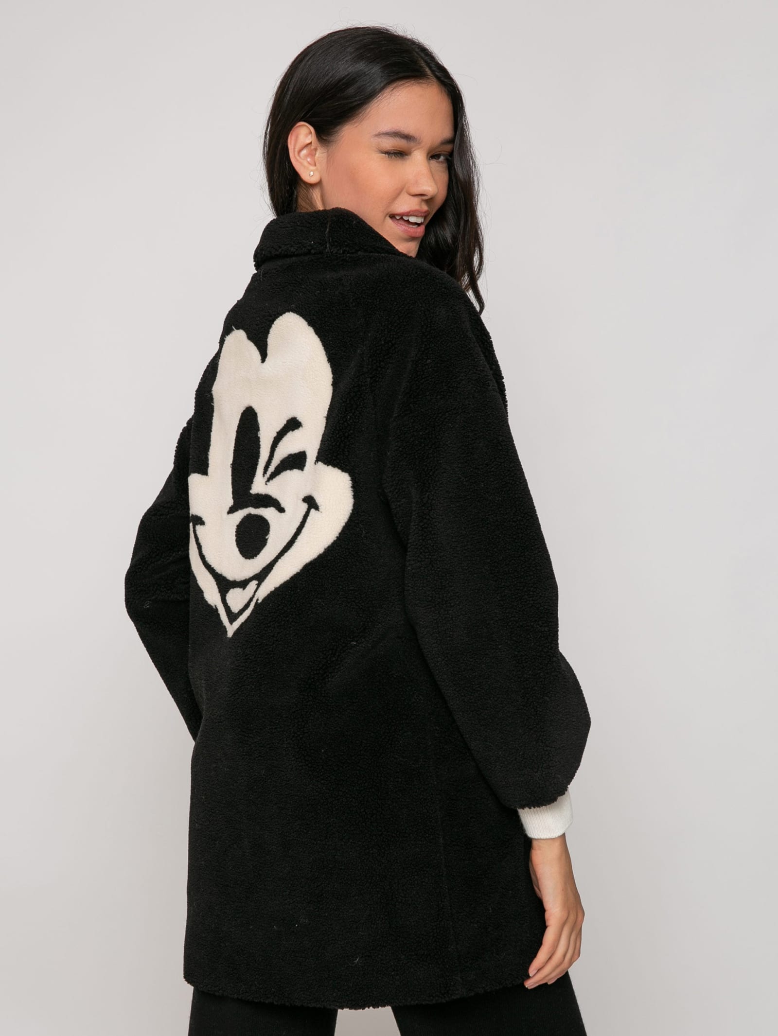 MC2 Saint Barth Woman Coat Black Teddy Fabric Disney® Special Edition