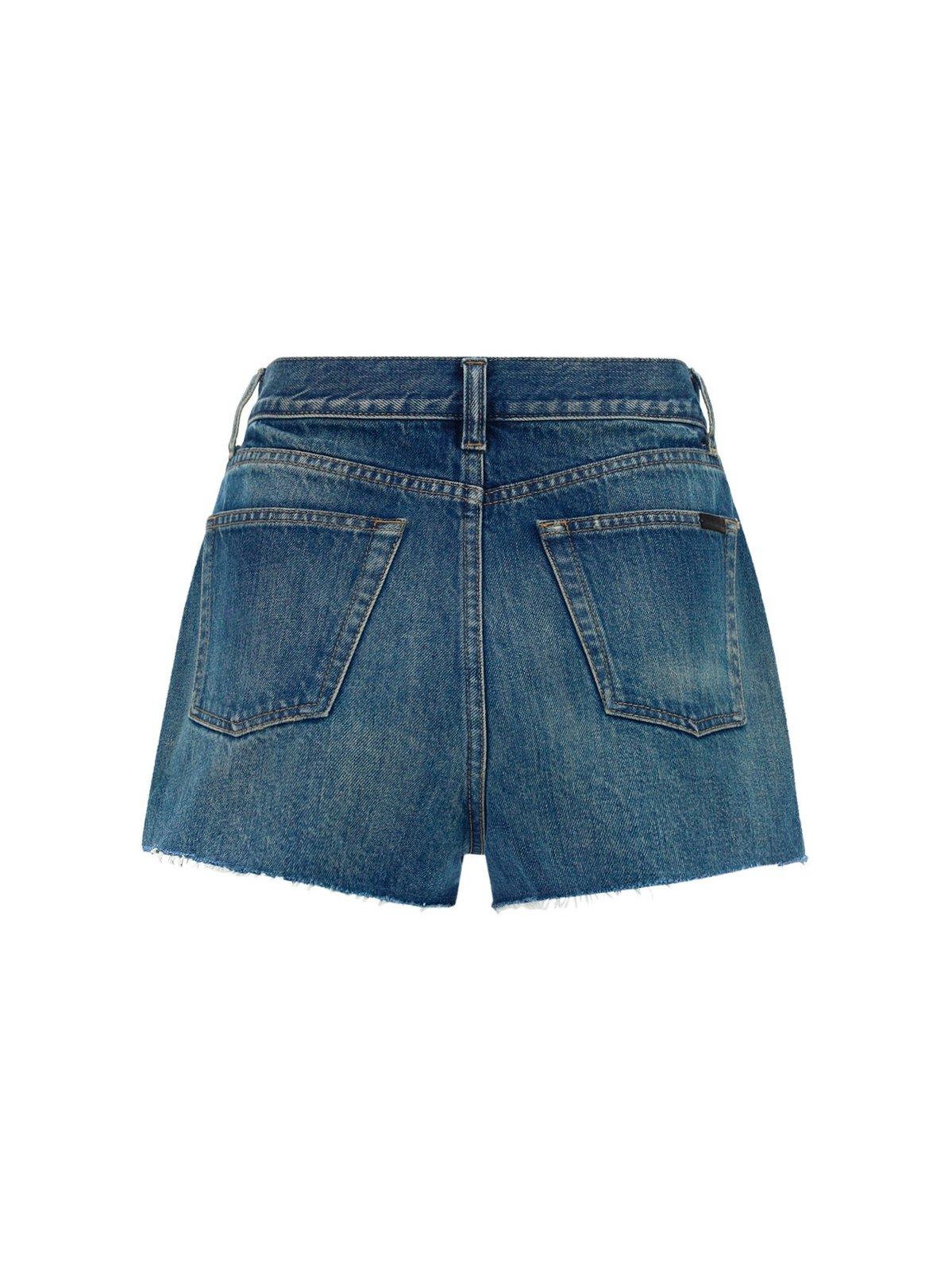 Shop Saint Laurent High Rise Denim Shorts In Deep Blue