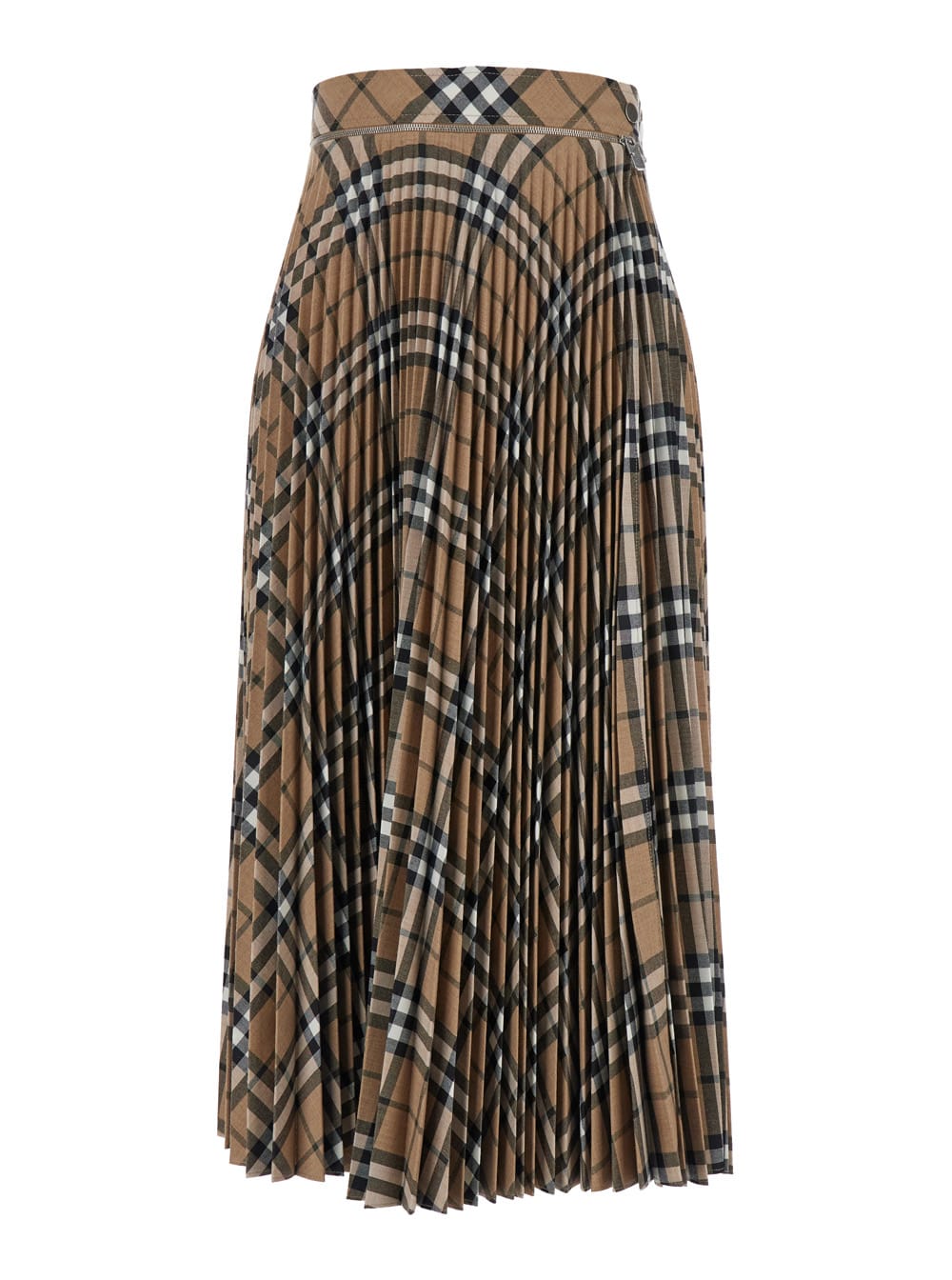 Long Beige Pleated Skirt With Check Motif In Wool Blend Woman