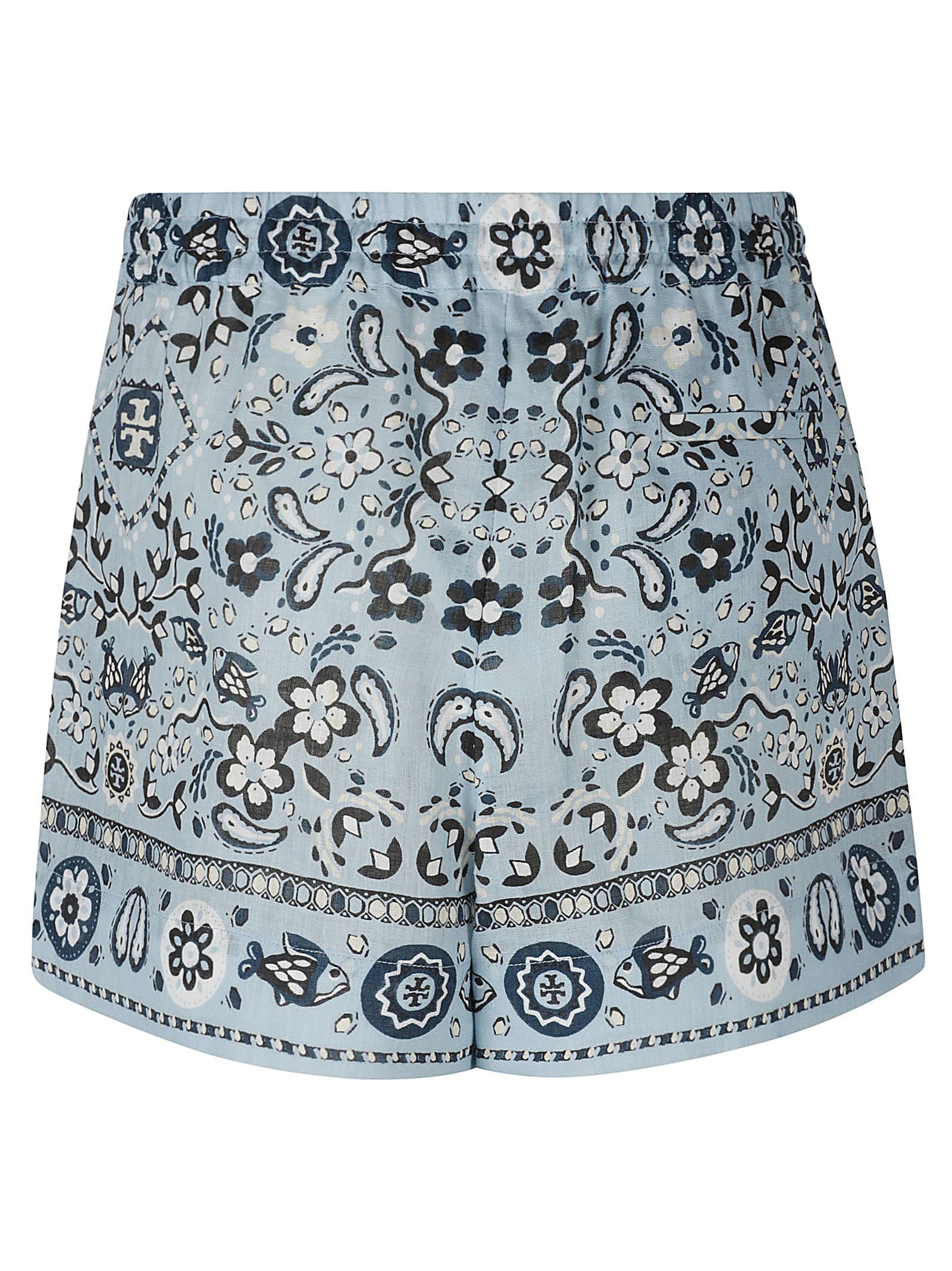 Shop Tory Burch Printed Linen Camp Shorts In Slate Blue Pisces Dream