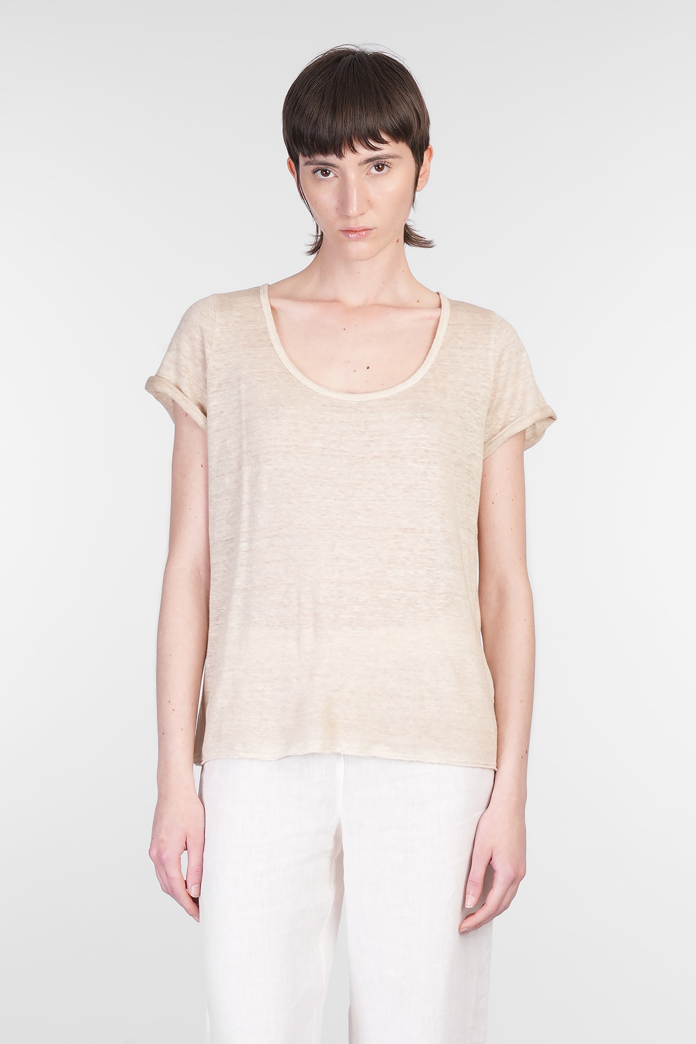 120% Lino Relaxed White Linen T-shirt With Scoop Neckline