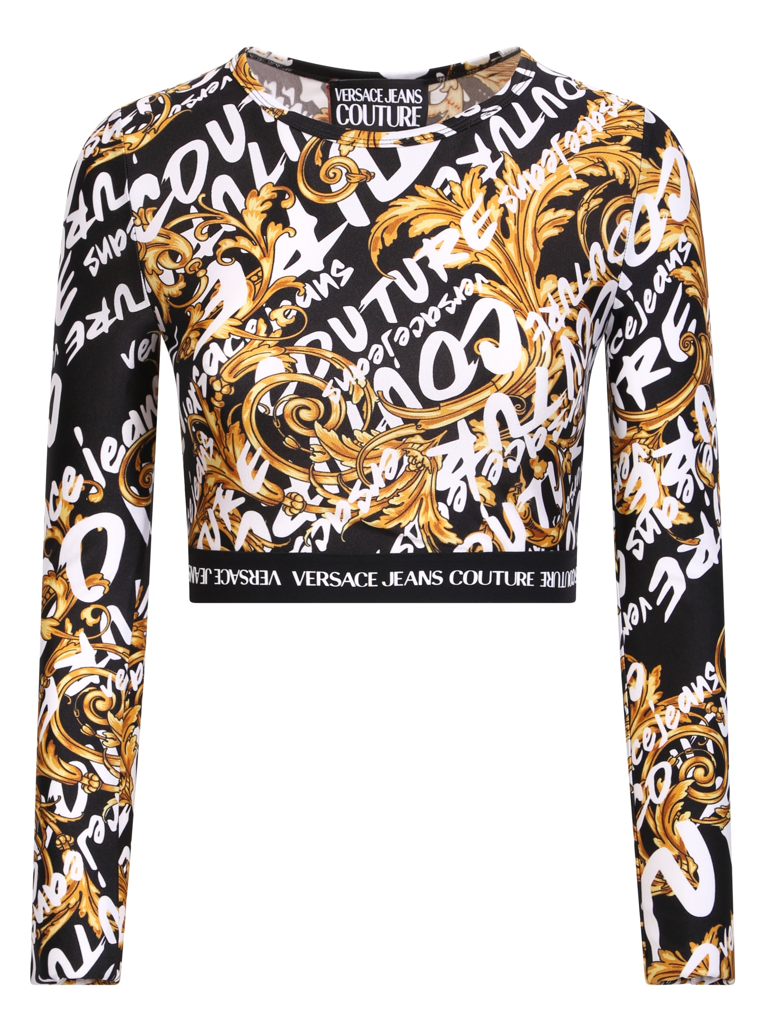 Versace Jeans Couture Cropped T-shirt With Baroque Print Black