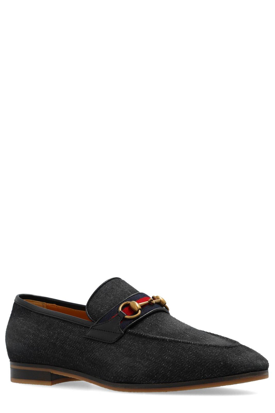 Shop Gucci Horsebit Detailed Denim Loafers In Blackdelaveblabrb