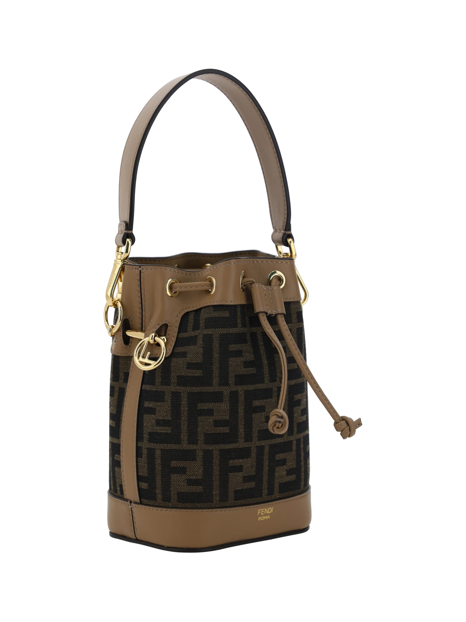 Fendi Women Mini Mon Tresor Ff Jacquard Fabric And Leather Bucket Bag In Brown