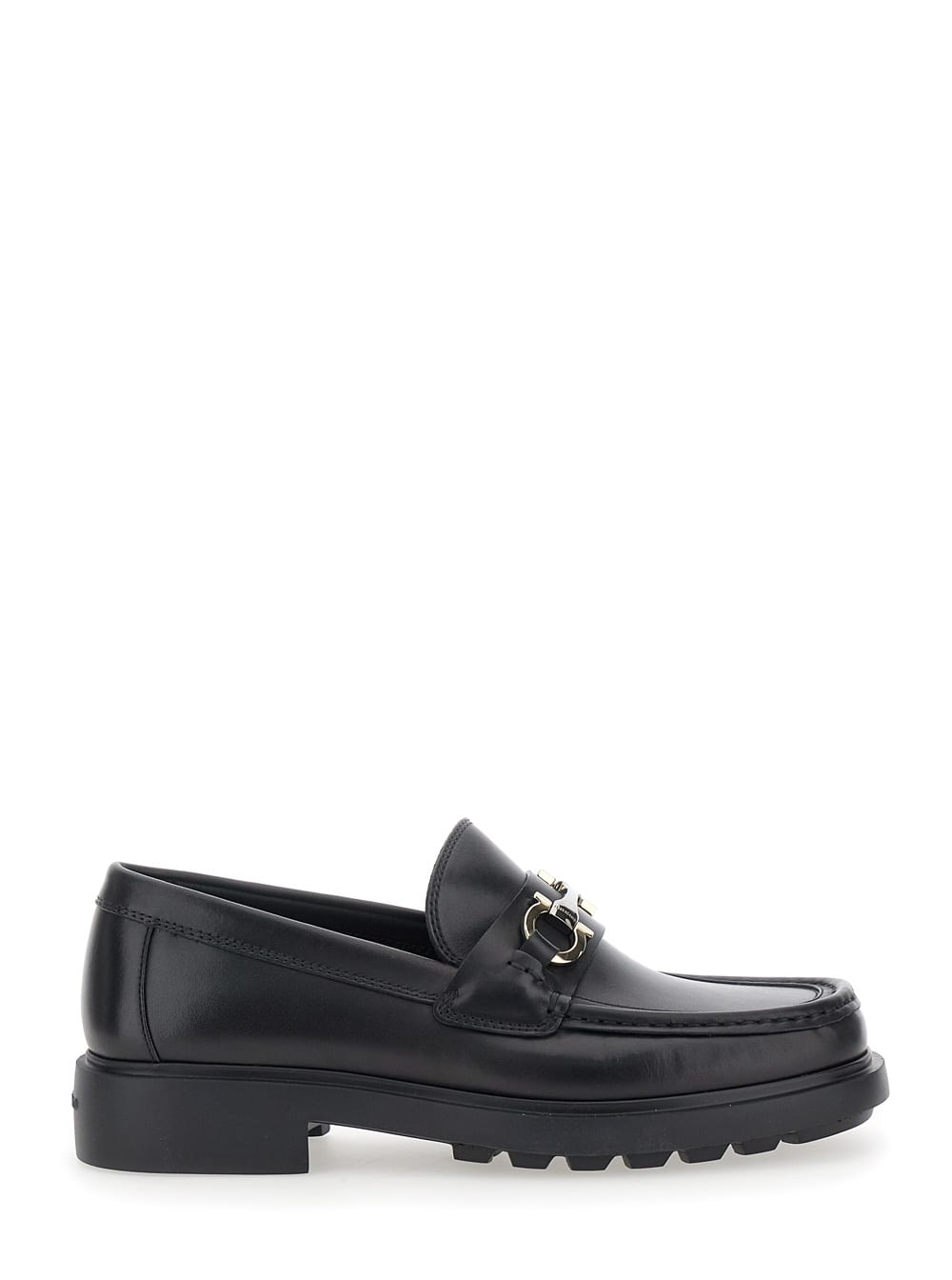 Ferragamo Black Leather Loafers With Gancini Ornament In Black