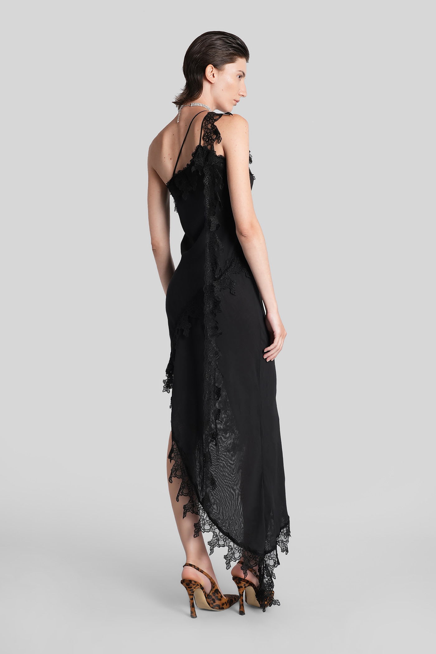 Blumarine Asymmetric Lace-trimmed Midi Dress In Black