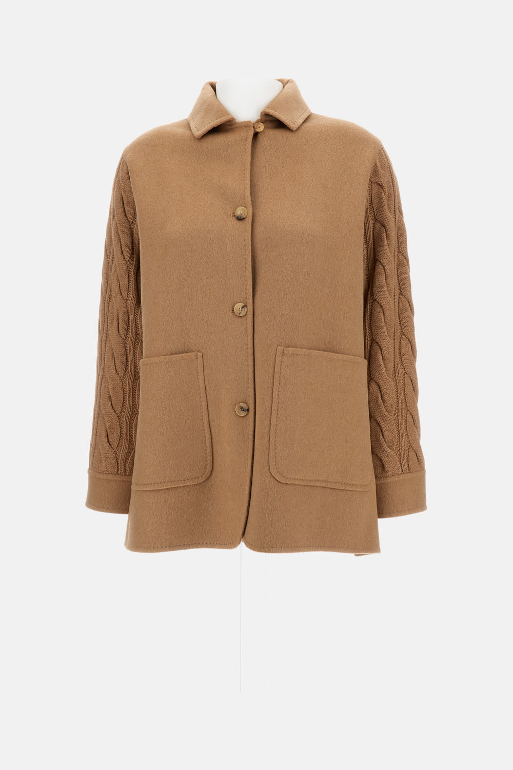 Max Mara Tacco Camel Hair Braided Coat With Knitted Sleeves In Brown
