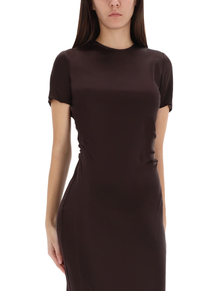 Staud Silk Midi Dress With Ruffles And V-neck In Brown