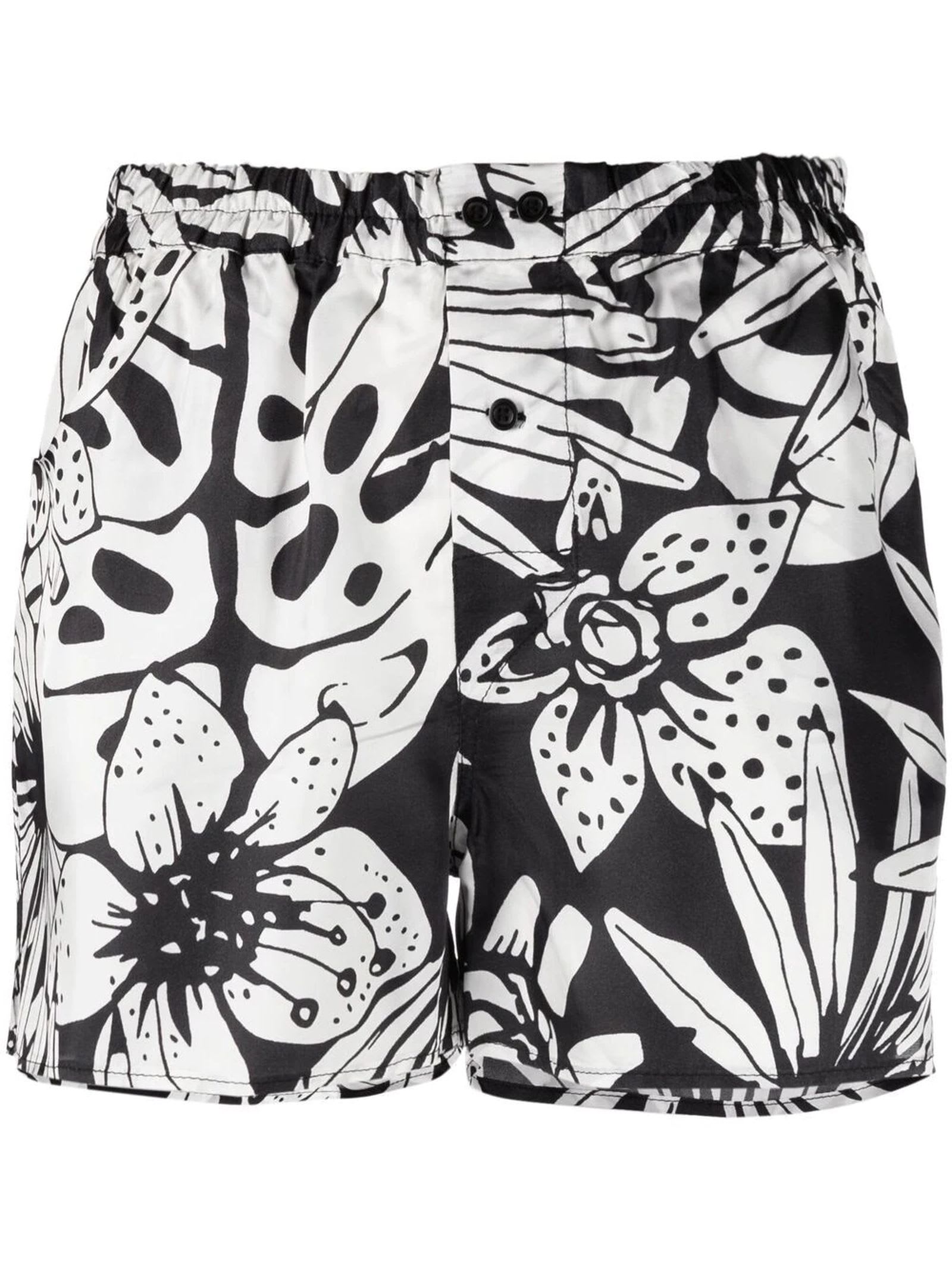 Laneus Black And White Floral Print Shorts