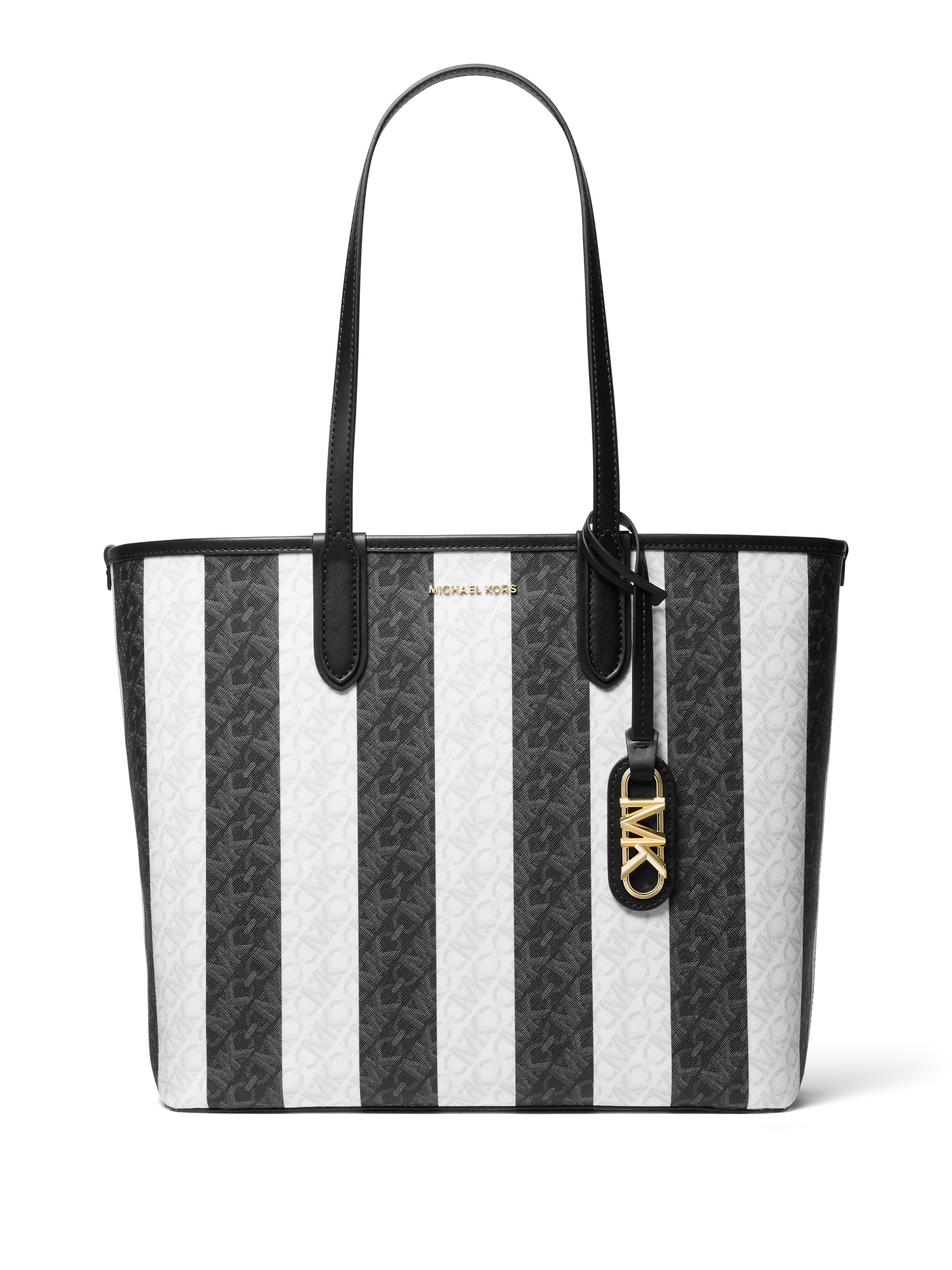 Shop Michael Kors Striped Shopping Bag With Logo In Blk Optic White
