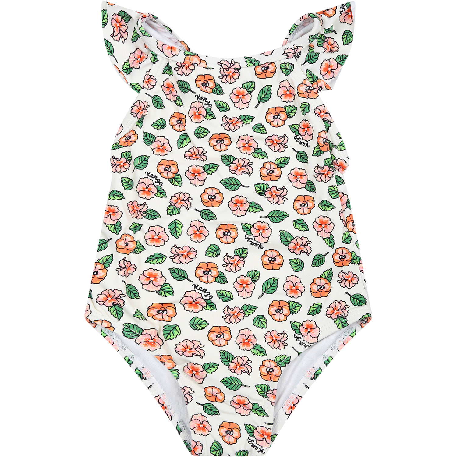 Shop Kenzo White Swimwuit For Baby Girl With Floral Print In Bianco