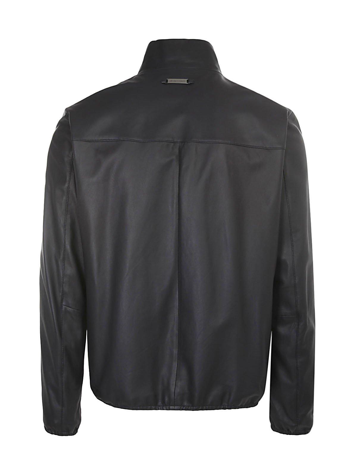Shop Emporio Armani Zip-up Long Sleeved Leather Jacket In Blue