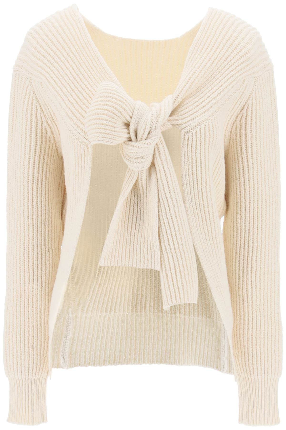 Shop Jil Sander Ribbed Sweater With Tieable Closure In Coconut (beige)