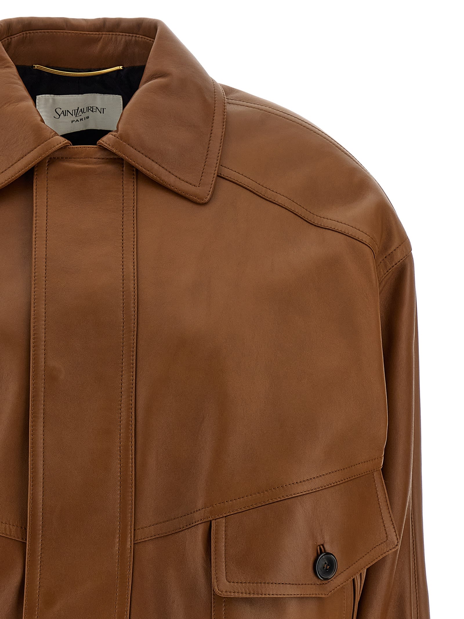 Saint Laurent Leather Bomber Jacket In Brown