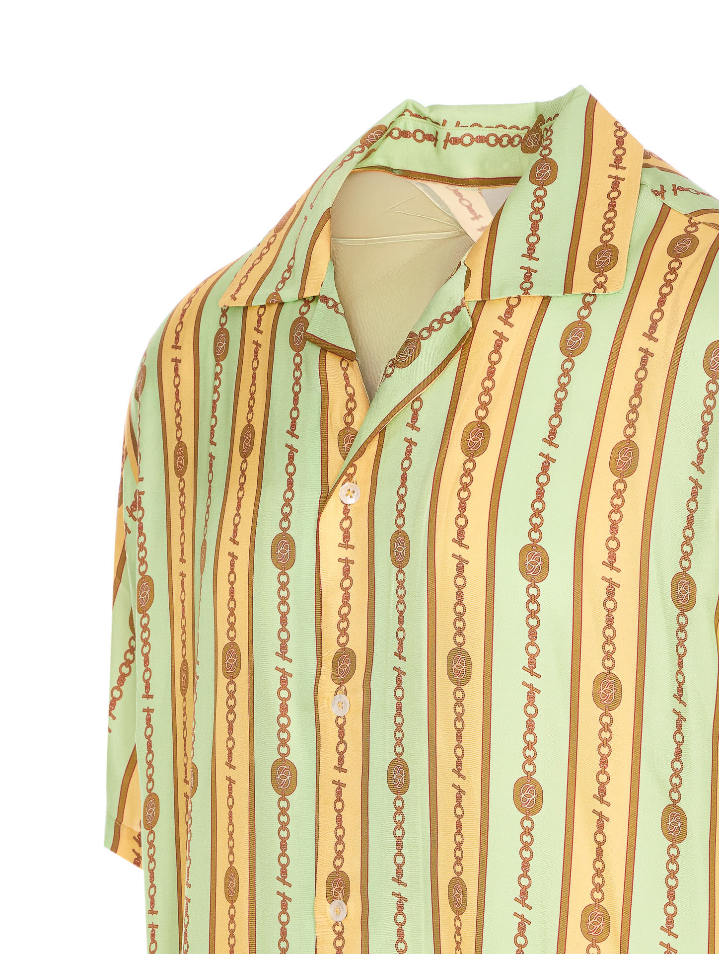 Drôle De Monsieur 'la Chemise Bijoux' Multicolor Bowling Shirt With Cuban Collar And All-over Striped Motif In Green