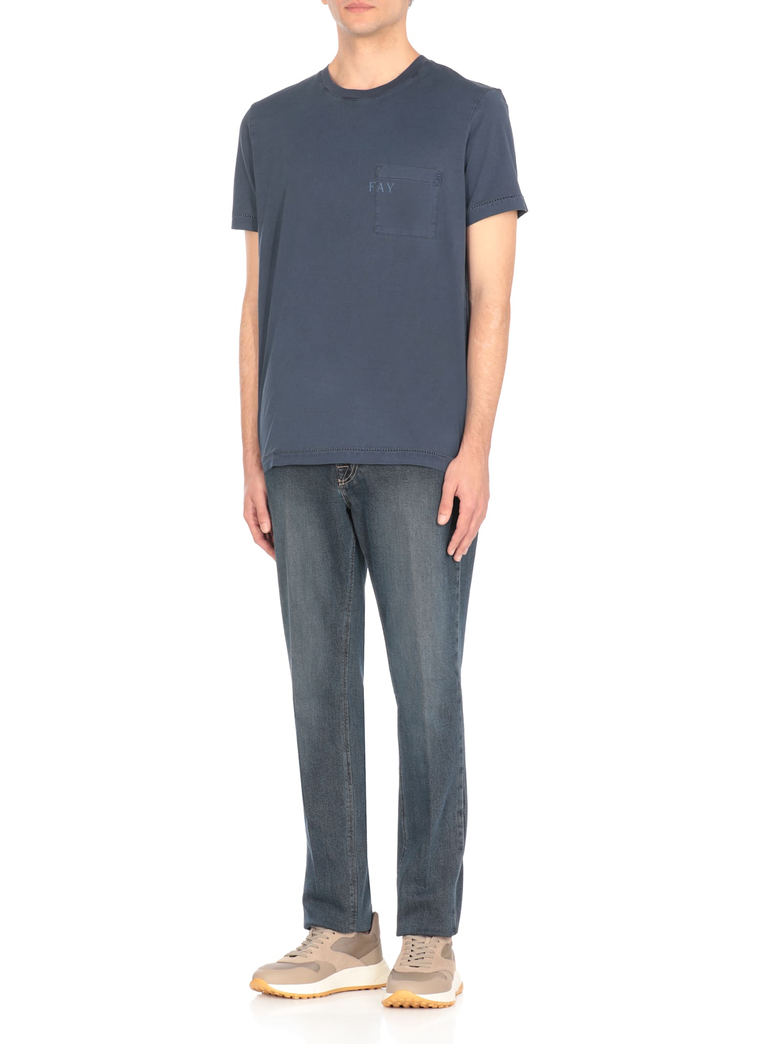 Fay Blue Crewneck T-shirt With Pocket And Logo In Blue
