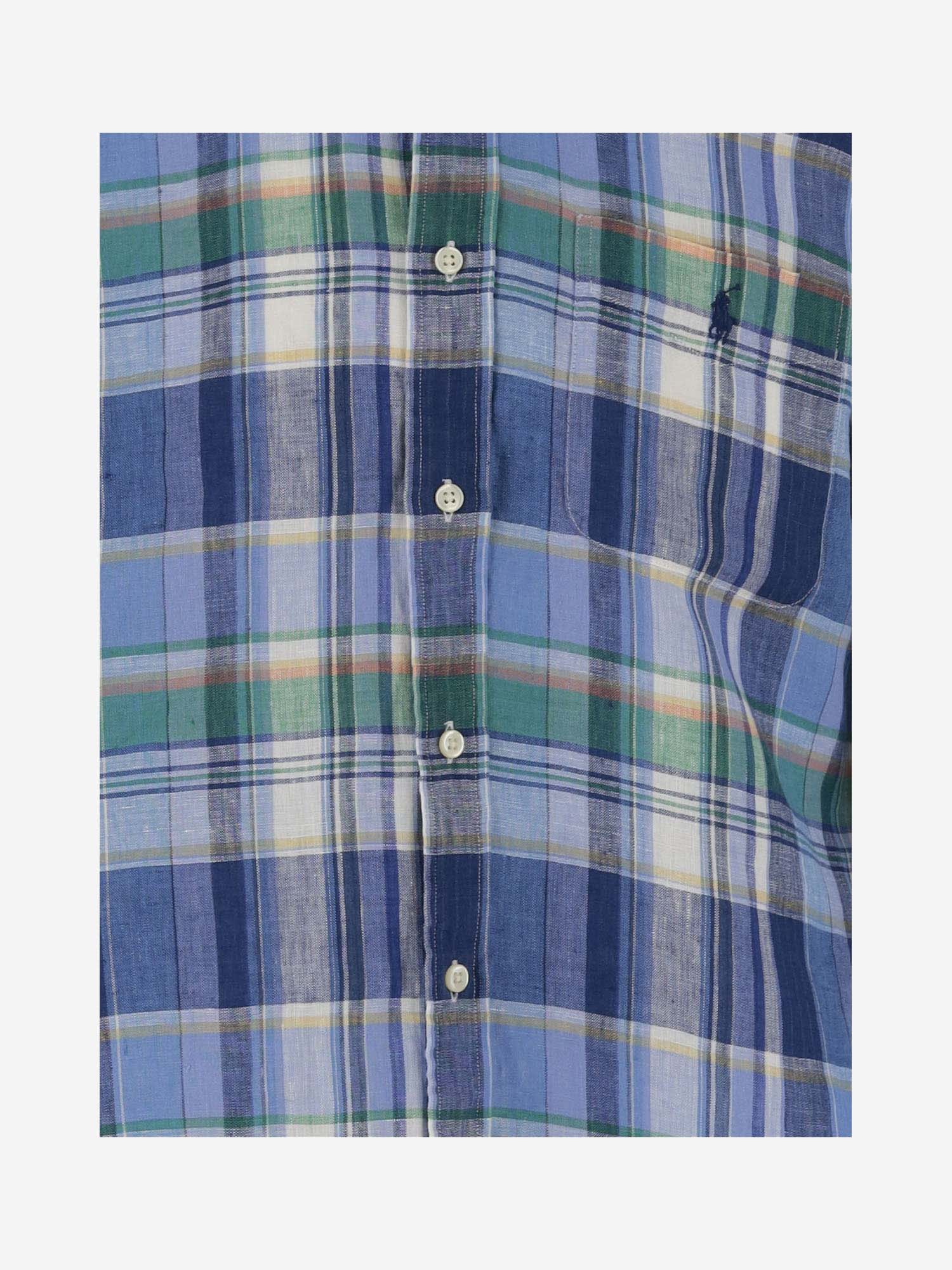 Shop Ralph Lauren Linen Shirt With Check Pattern In Blue Green Multi