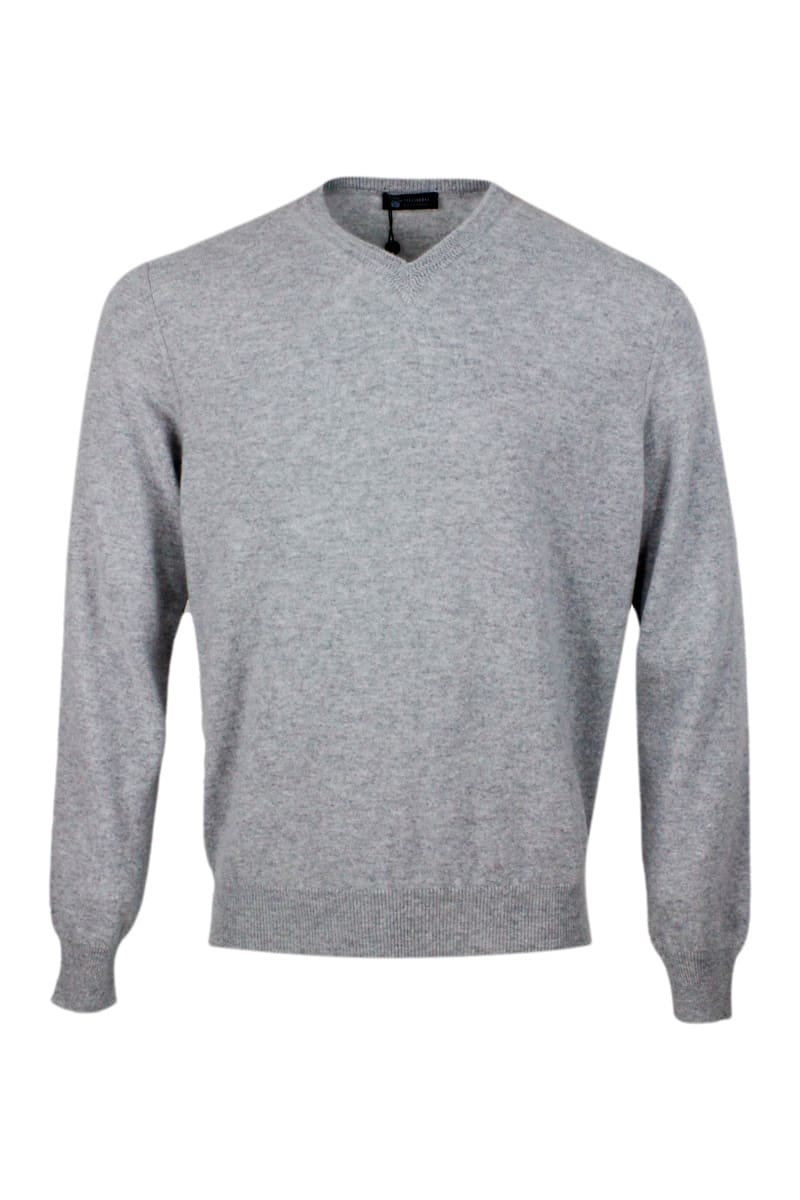 Shop Colombo Long-sleeved V-neck Sweater In Fine 2-ply 100% Kid Cashmere With Special Processing On The Edge Of T In Grey