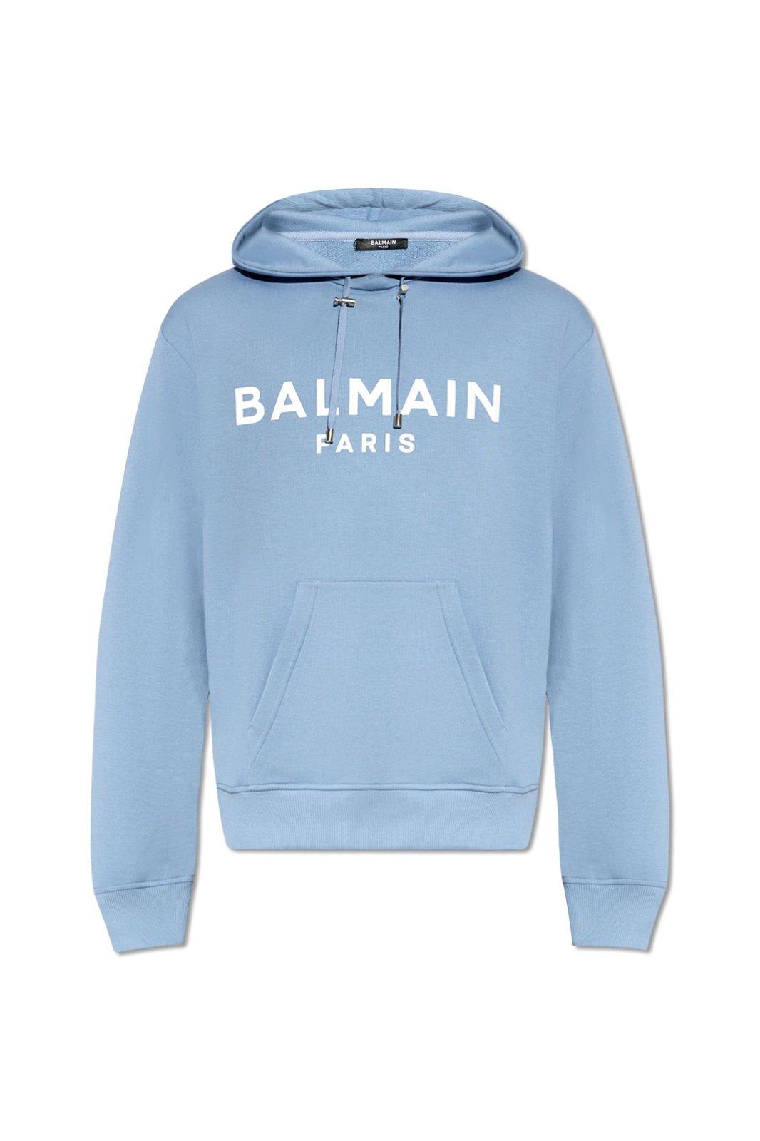 Shop Balmain Logo Printed Drawstring Hoodie In Bleu Pale/blanc