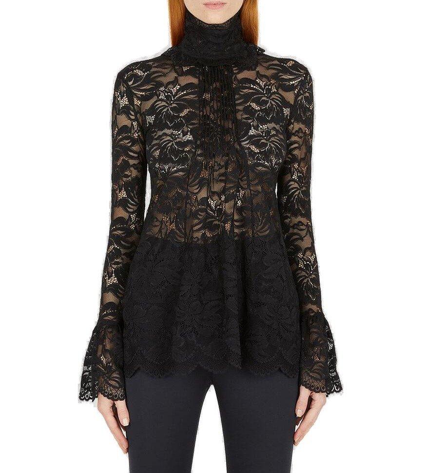 Shop Rabanne Floral-lace Detailed High Neck Blouse In Black