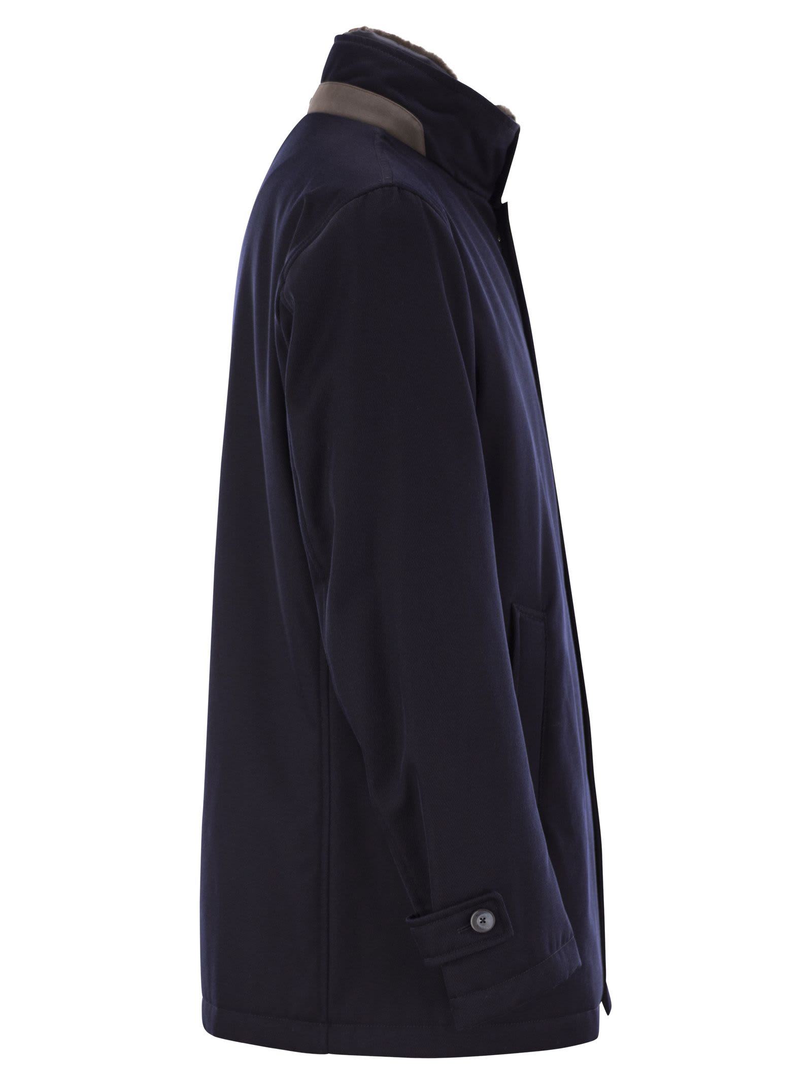 Shop Herno Diagonal Wool And Faux Fur Coat In Navy